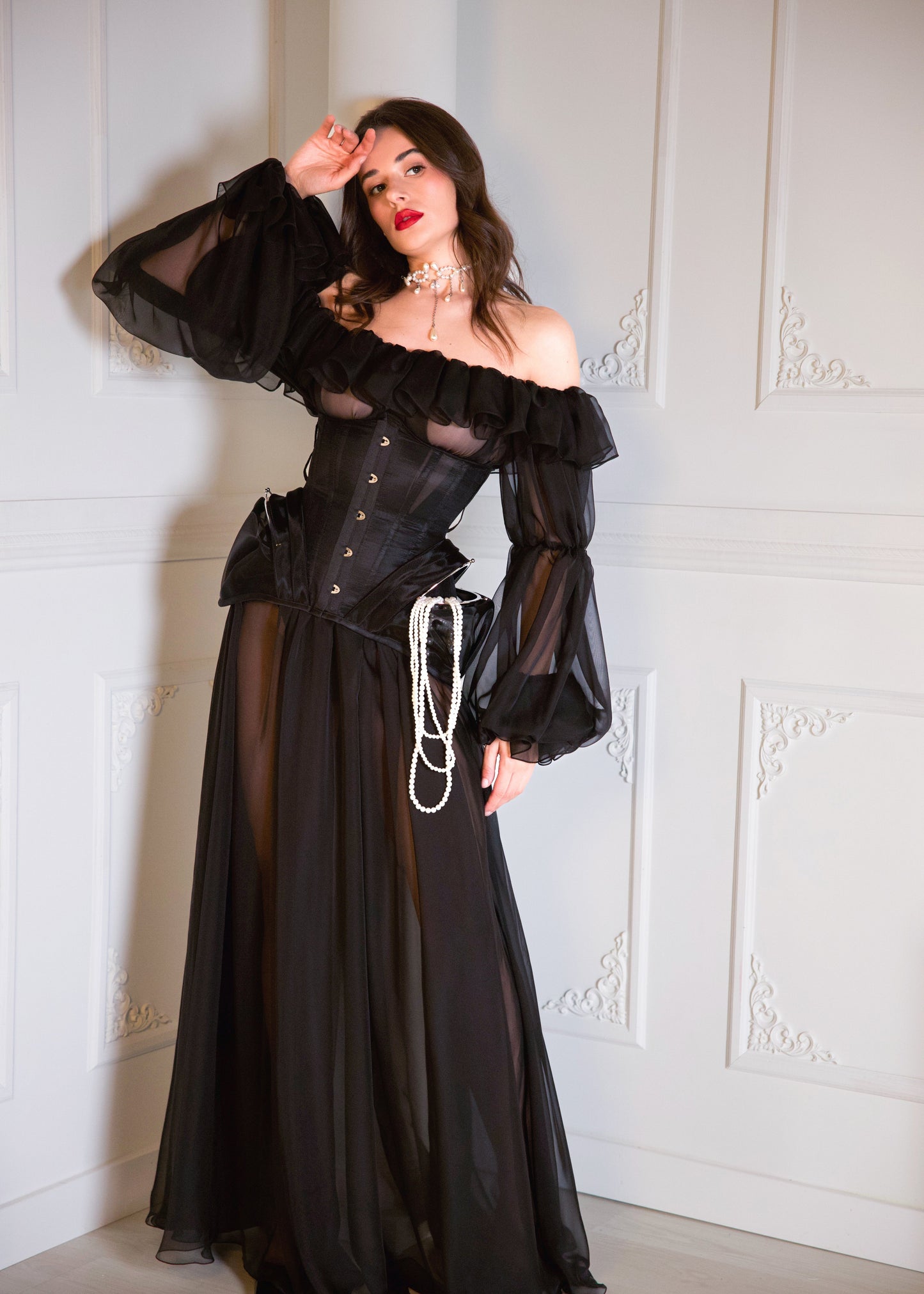 Black Underbust Sheer Corset with Busk & Side Frame Pockets