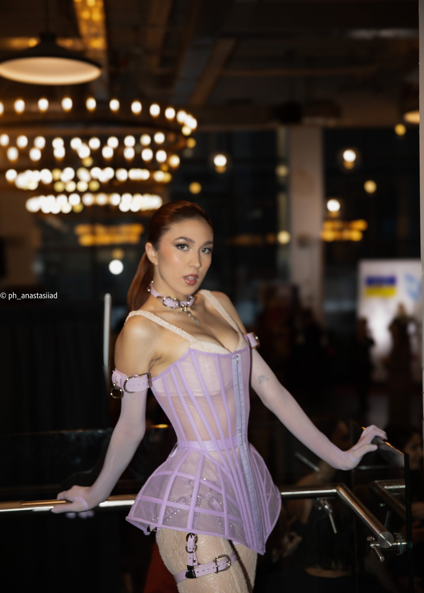 Lavender Mesh Corset with Dramatic Hip Panels – Structured Bustier with Back Lace-Up & Front Zipper