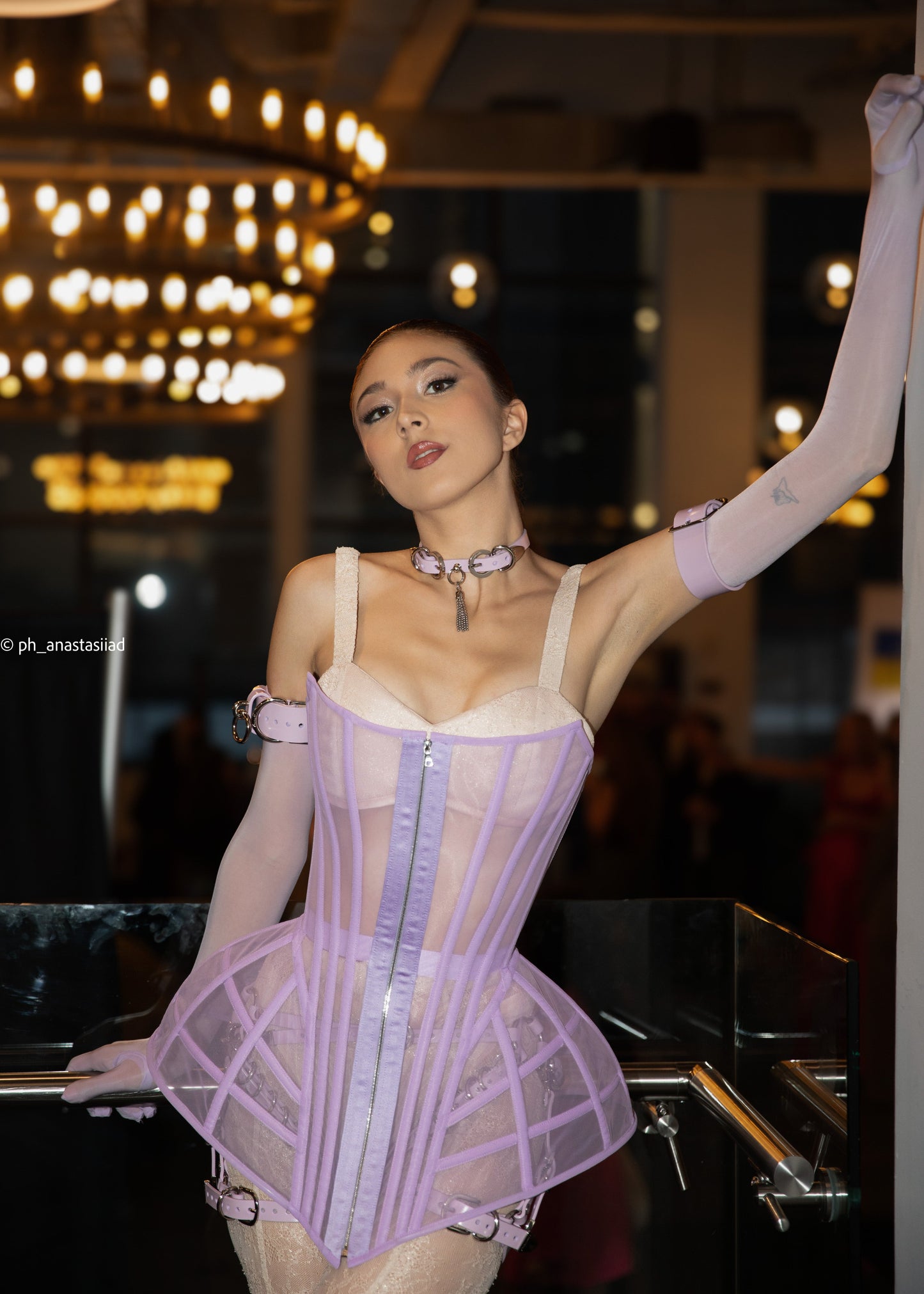 Lavender Mesh Corset with Dramatic Hip Panels – Structured Bustier with Back Lace-Up & Front Zipper