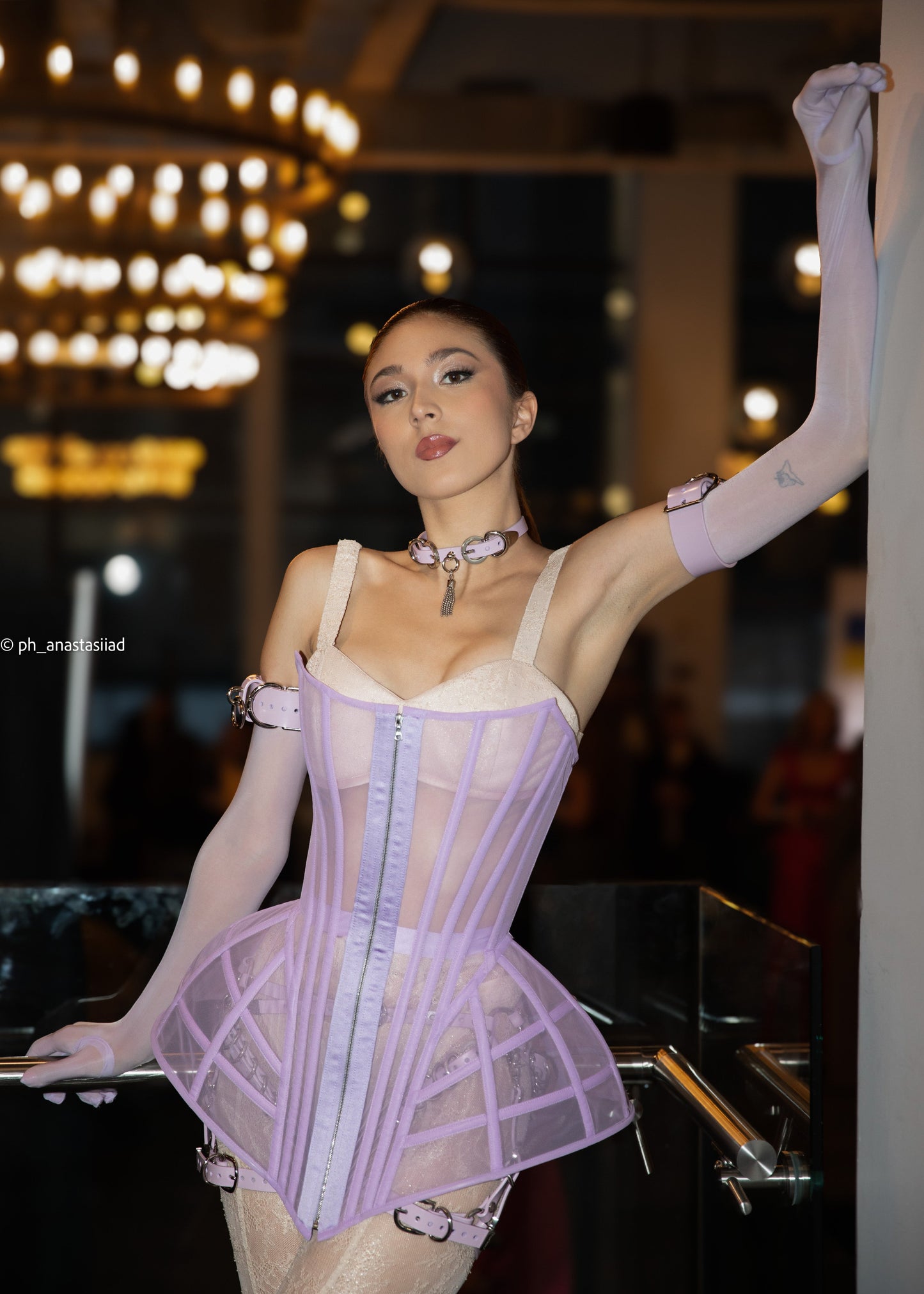 Lavender Mesh Corset with Dramatic Hip Panels – Structured Bustier with Back Lace-Up & Front Zipper