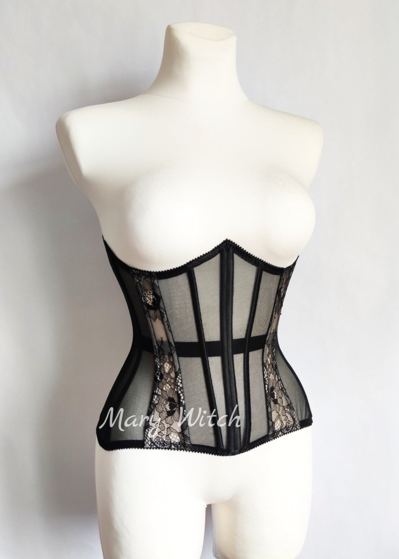 Black underbust mesh corset with black lace