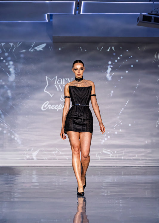 Black Corset Mini Dress with Choker & Chains