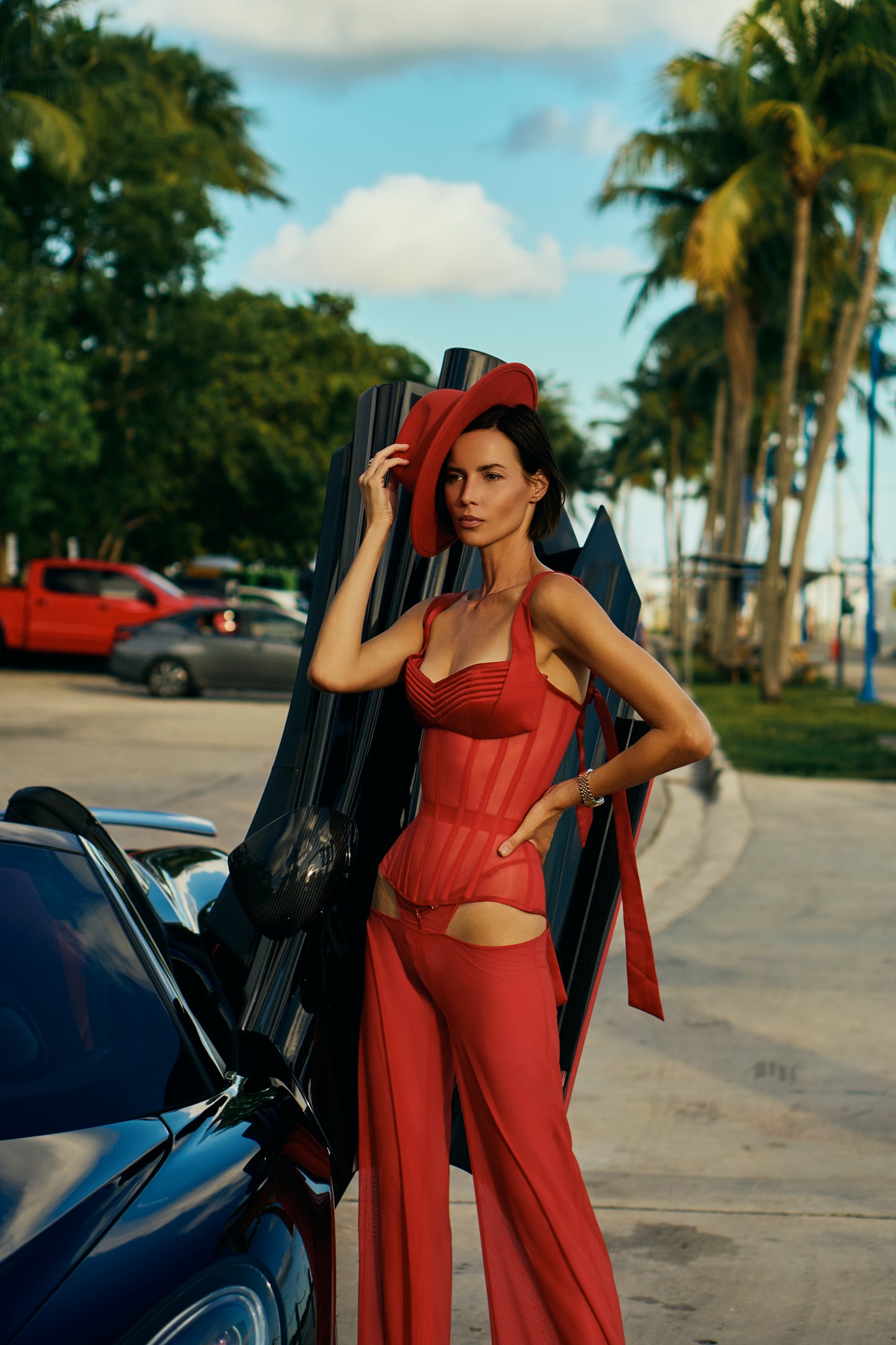 Red Sheer Corset: Satin Ties, Lace-Up Back, Structured Bust