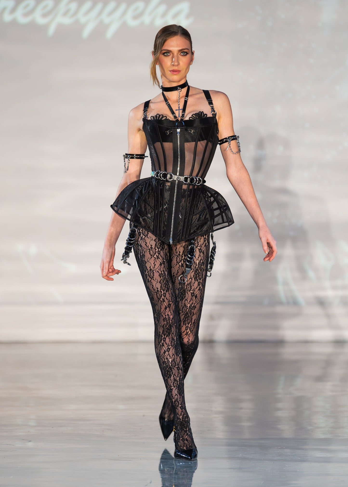 Dress Mesh Corset with Dramatic Hip Panels – Structured Bustier with Back Lace-Up & Front Zipper (Copy)