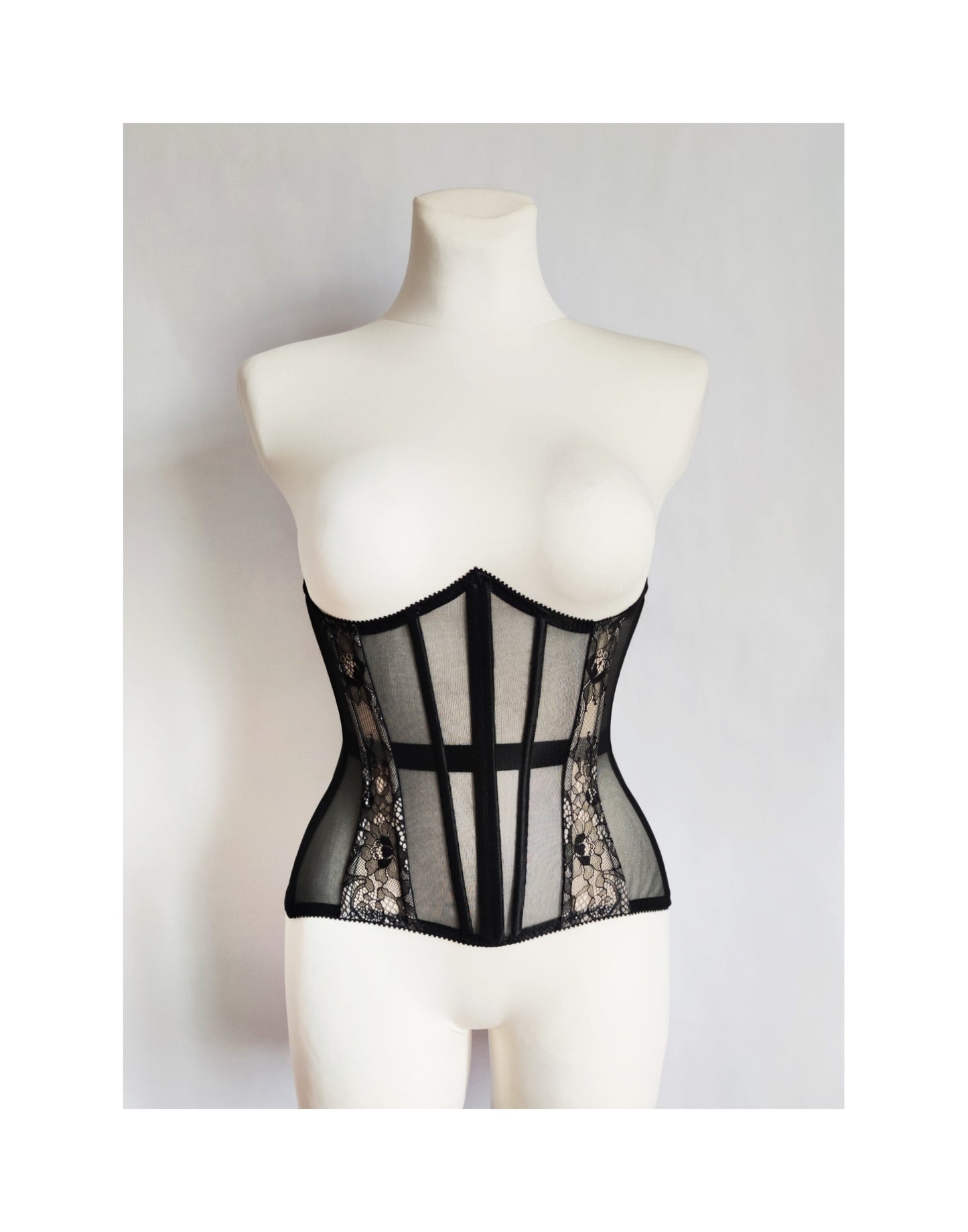 Black underbust mesh corset with black lace