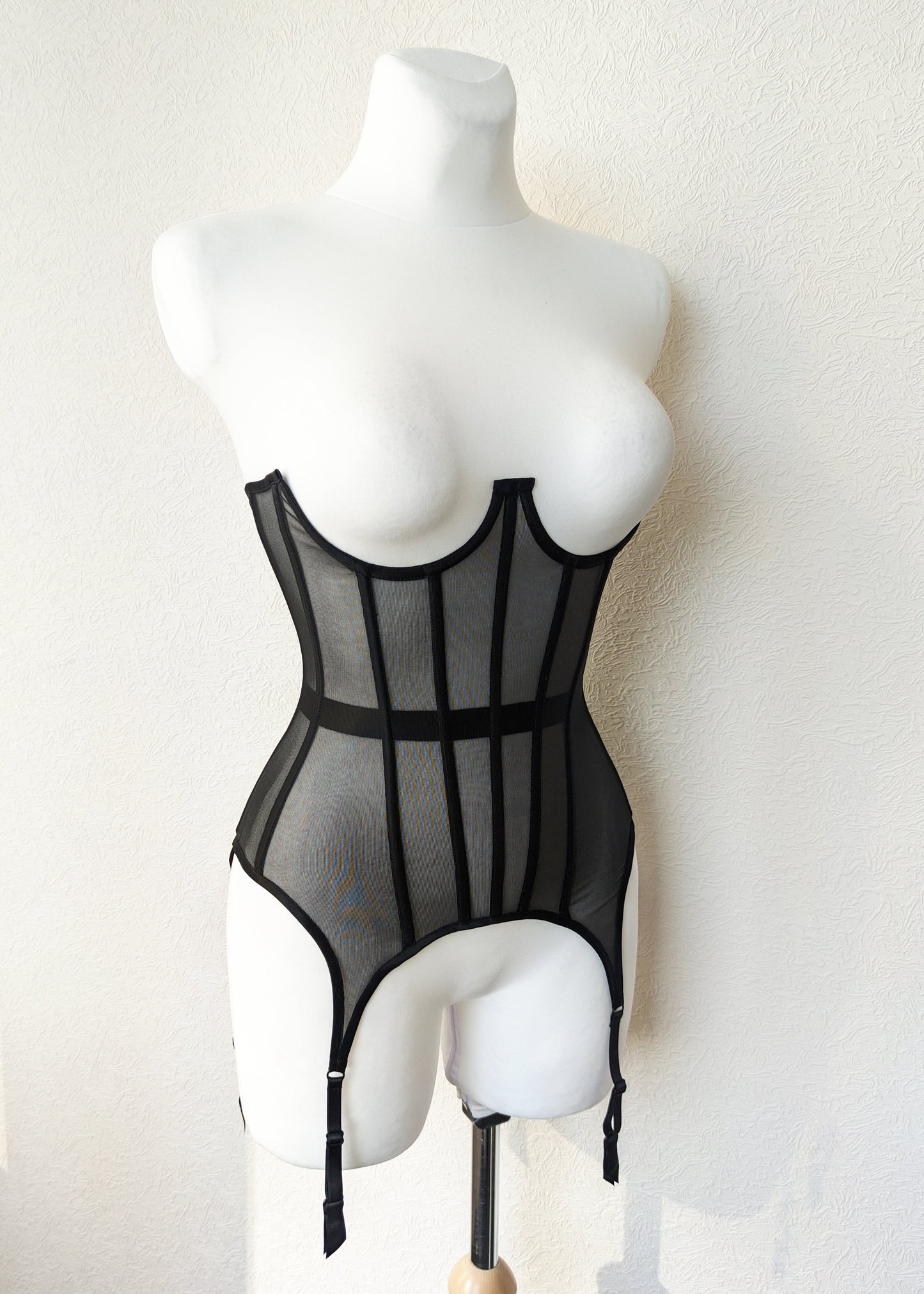 Black Mesh underbust corset with suspenders