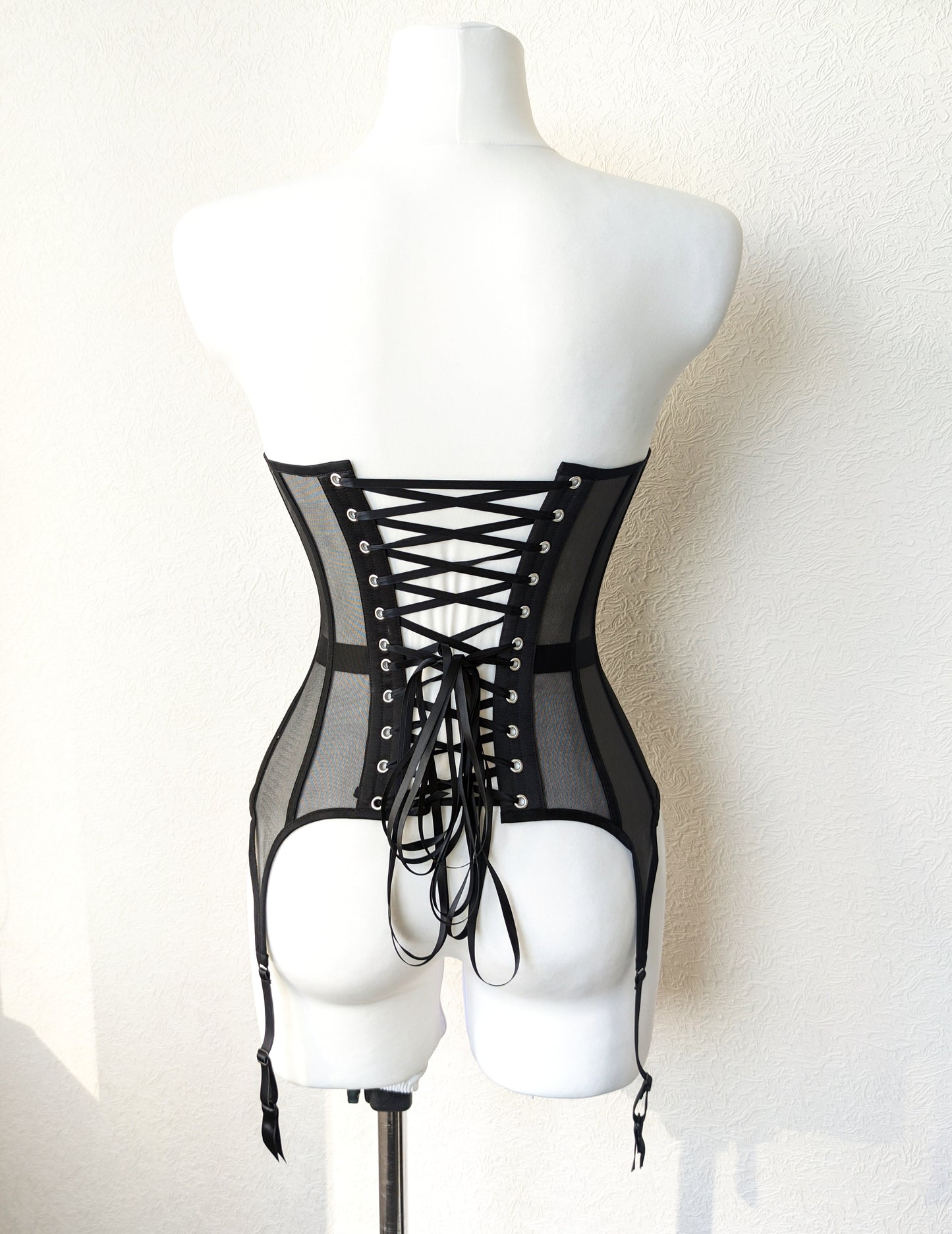 White  Mesh underbust corset with suspenders