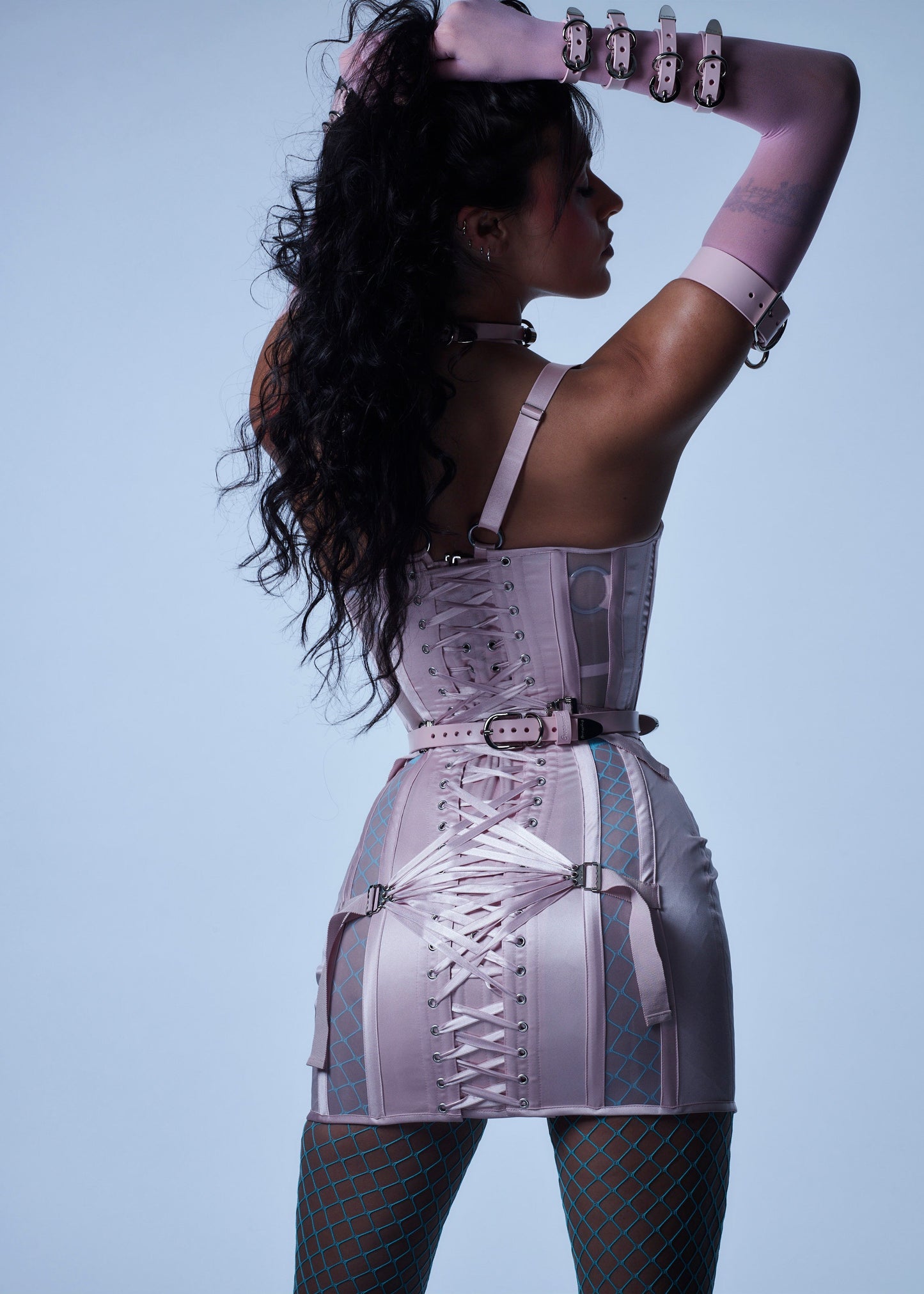 Blush Pink Satin Corset Mini Dress: Fan Lacing, Front Zipper