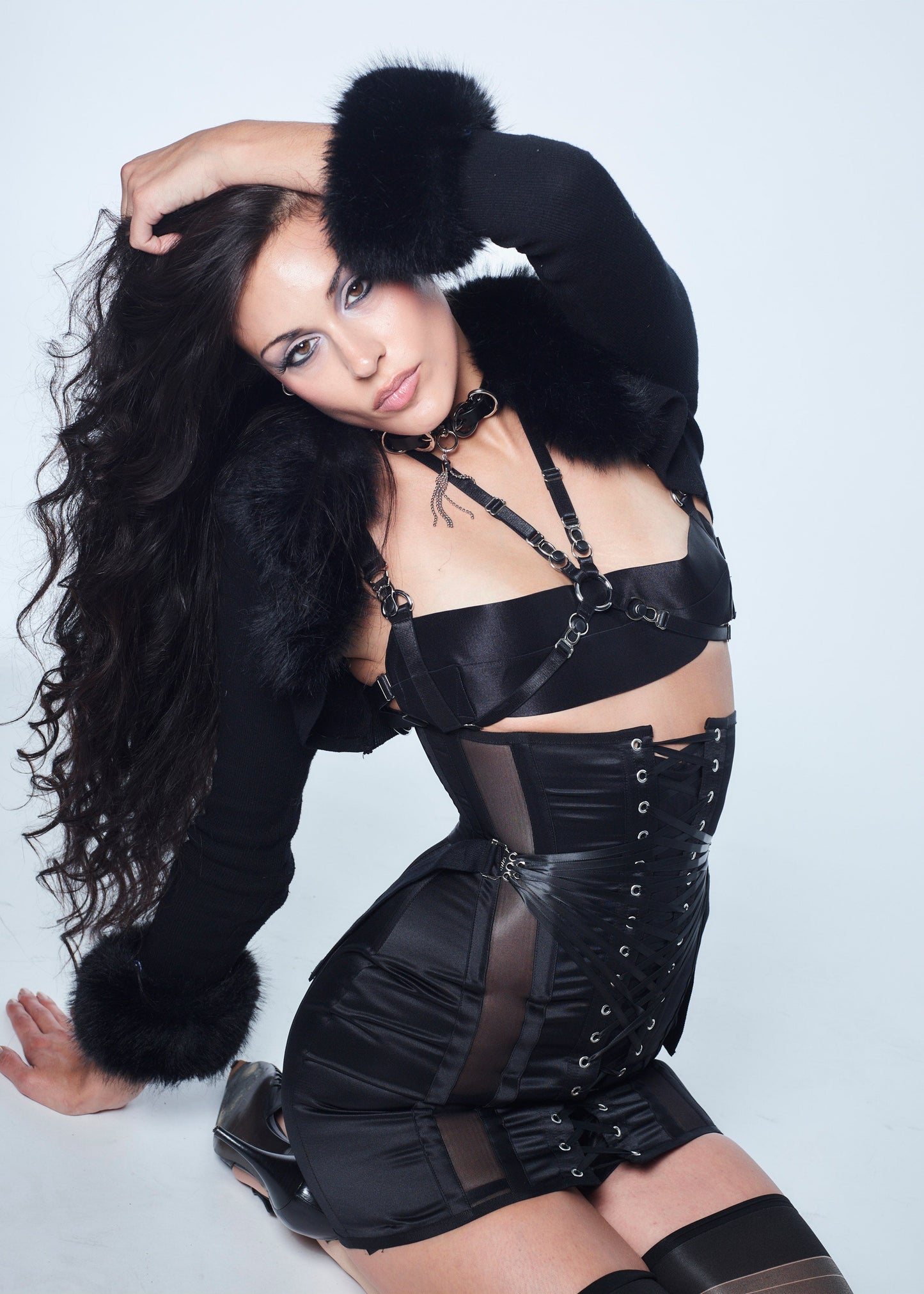 Black Satin Corset Mini Skirt: Adjustable Fan Lacing