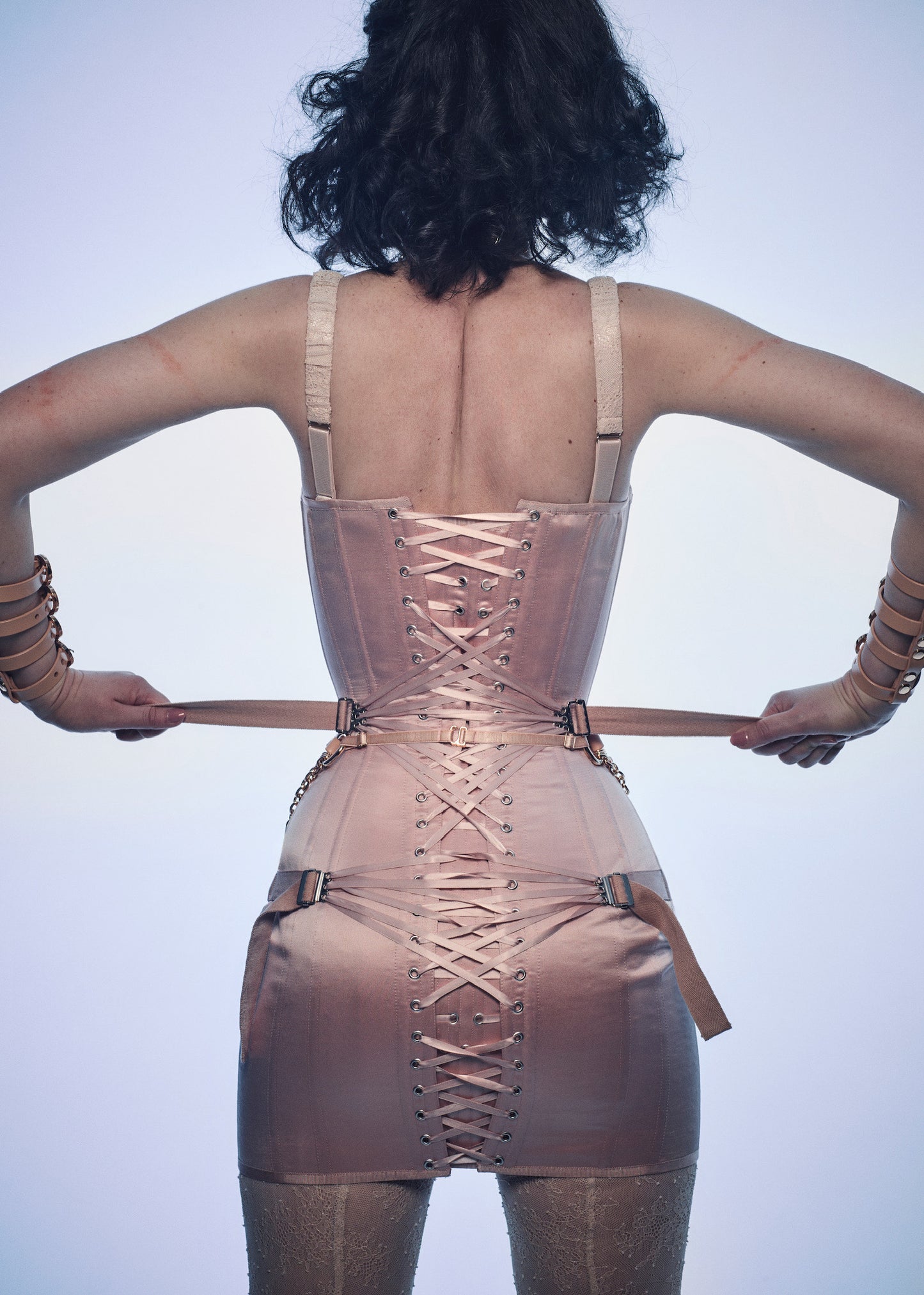 Beige Satin Corset Mini Dress with Zipper and Fan Lacing