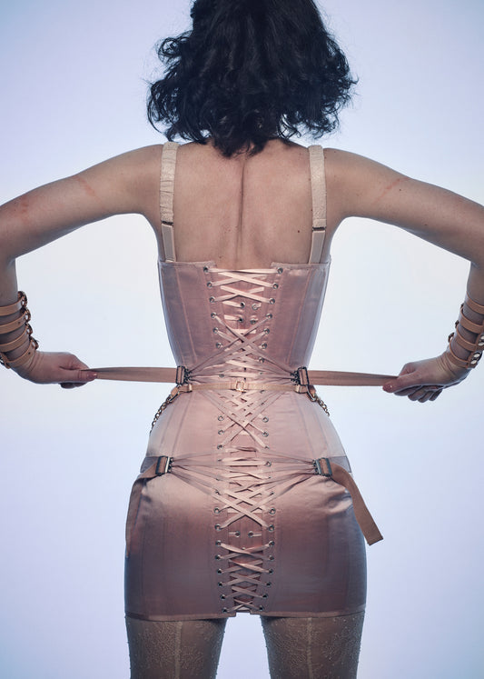 Beige Satin Corset Mini Dress with Zipper and Fan Lacing