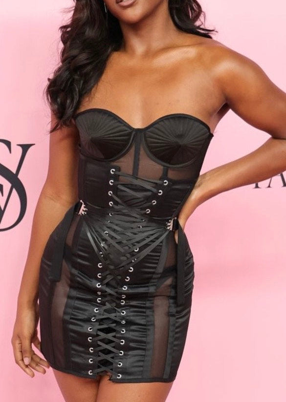 Set of a structured cone-cup bustier ta structured cone-cup bustier top and corset skirt with fan lacing