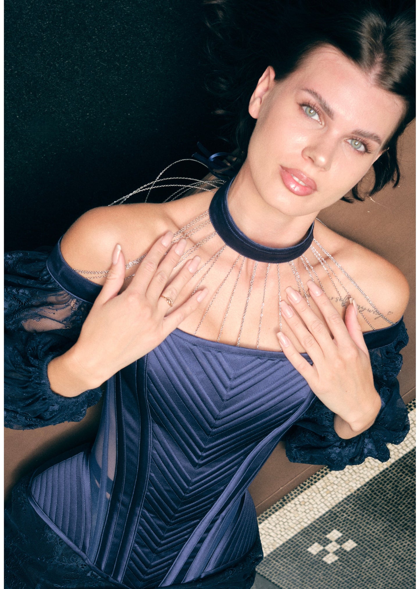 Satin Gothic Corset with Lace Sleeves & Chain Choker