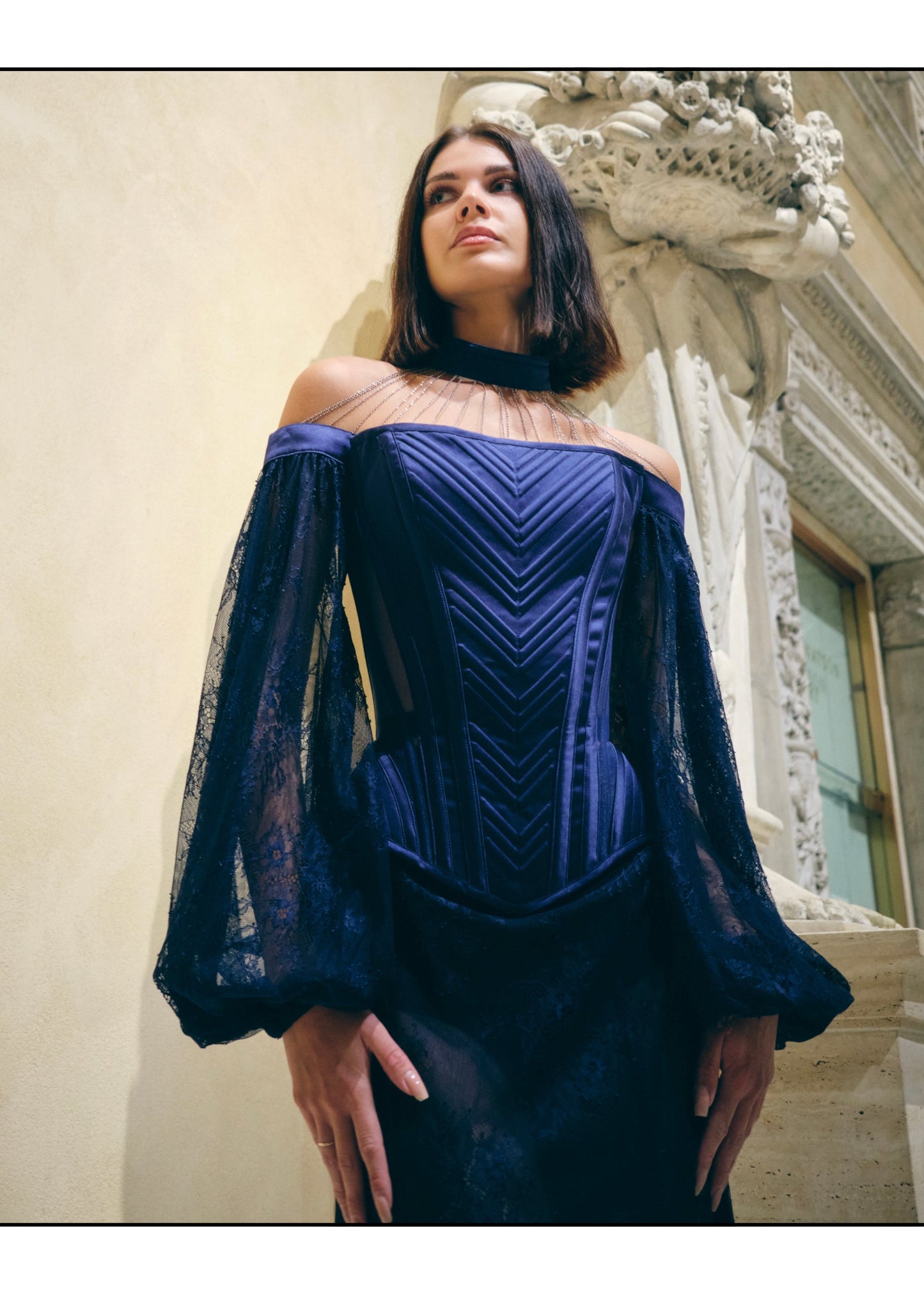Satin Gothic Corset with Lace Sleeves & Chain Choker