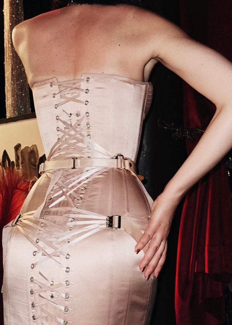 Beige Satin Corset Mini Dress with Zipper and Fan Lacing