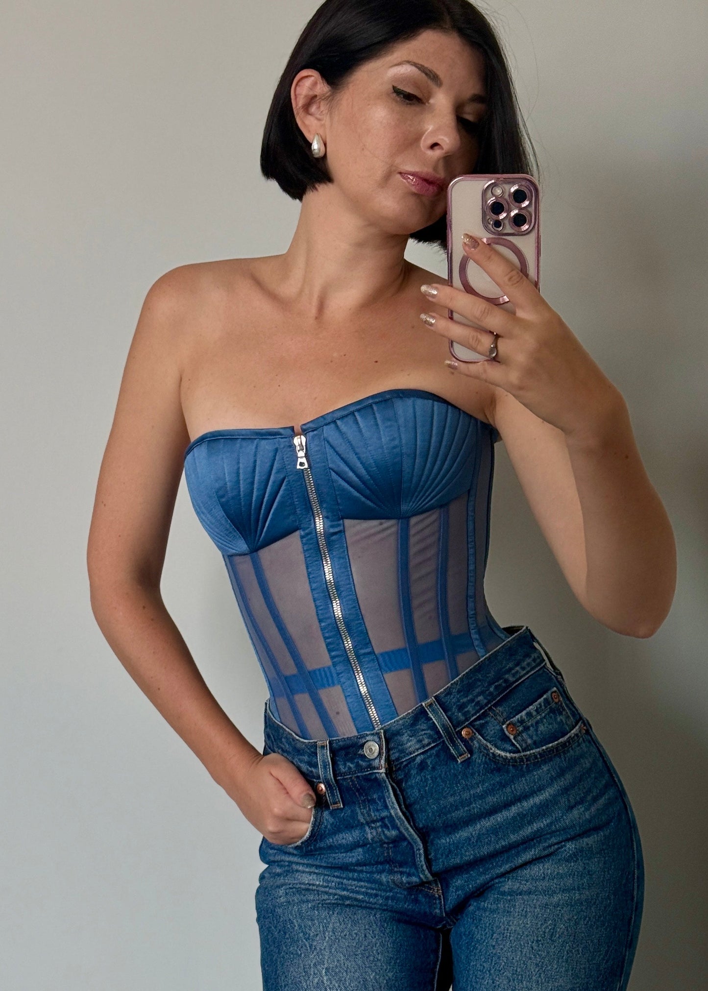 Blue Jeans  Sheer Corset Top with Zipper Front