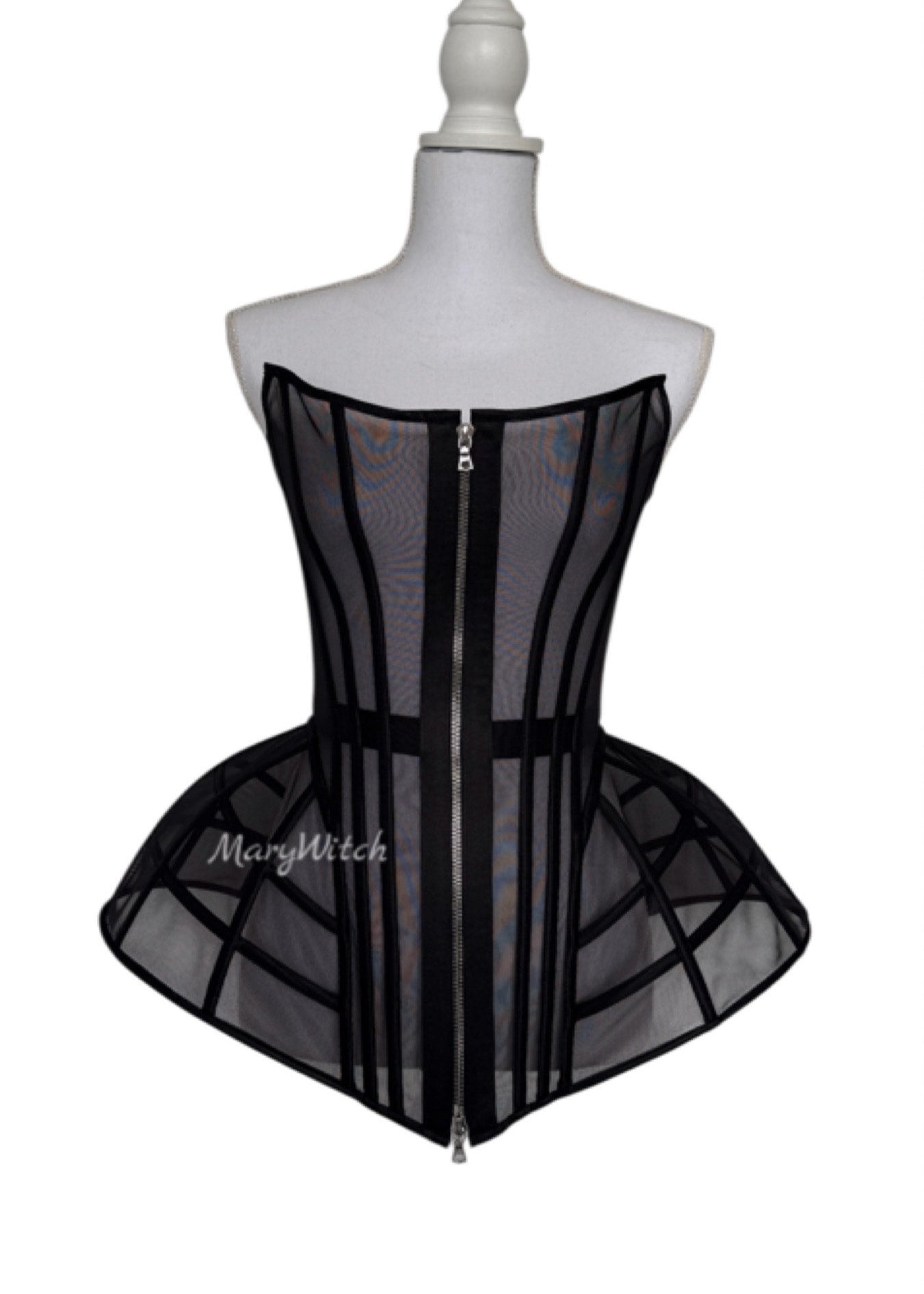 Lavender Mesh Corset with Dramatic Hip Panels – Structured Bustier with Back Lace-Up & Front Zipper