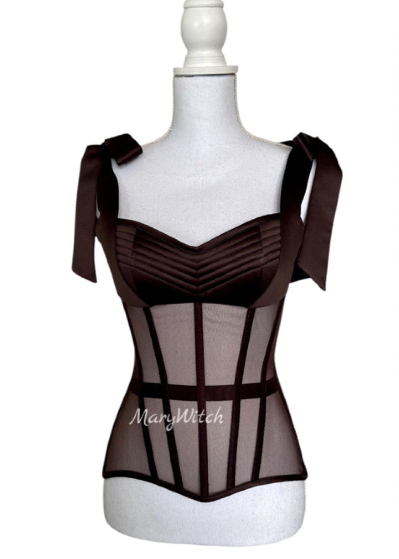 Red Sheer Corset: Satin Ties, Lace-Up Back, Structured Bust