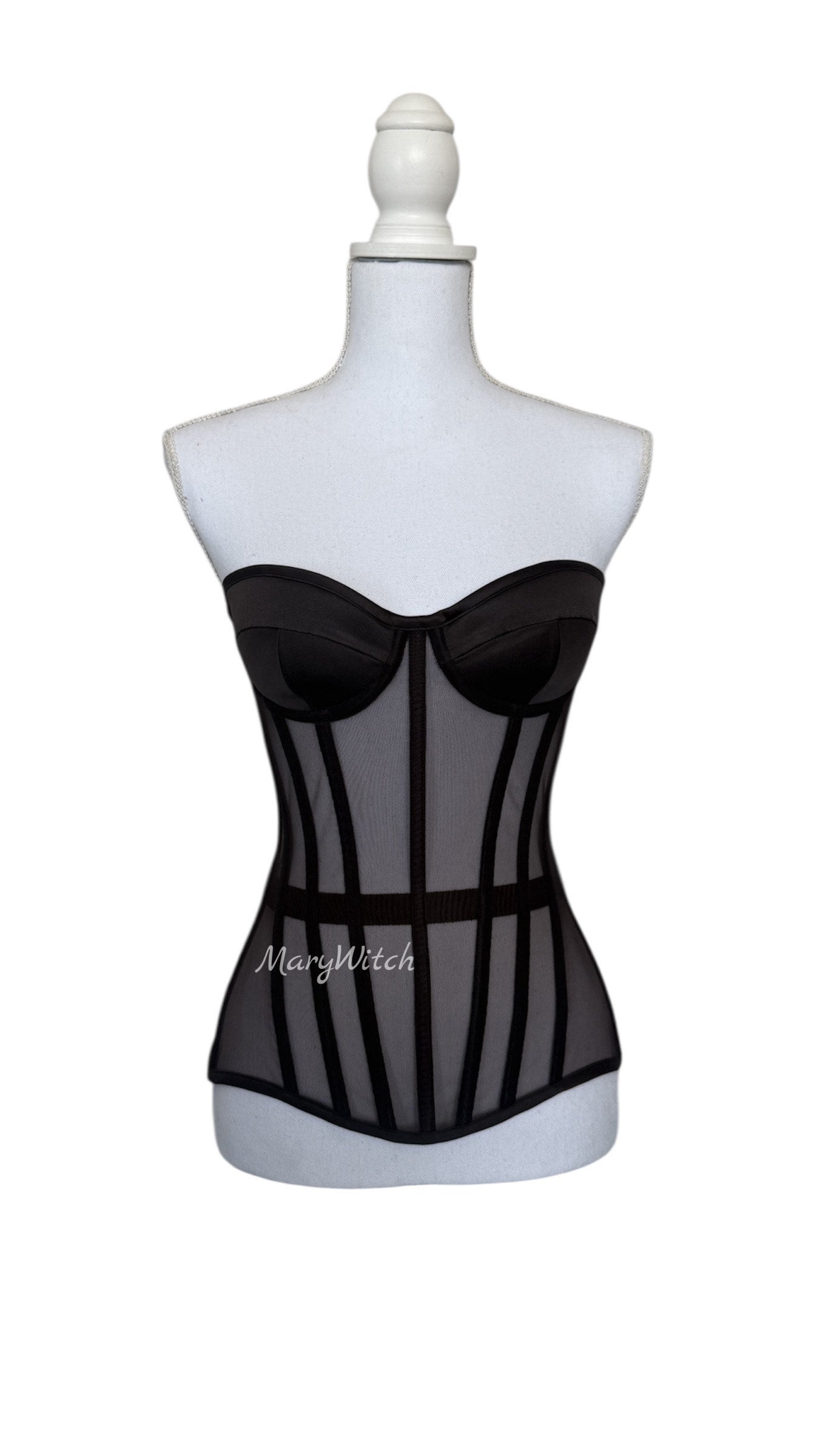 Chocolate Mesh Corset Top with Cups & Back Lacing | Sheer Underbust Corset .Handmade Satin Overbust Bustier