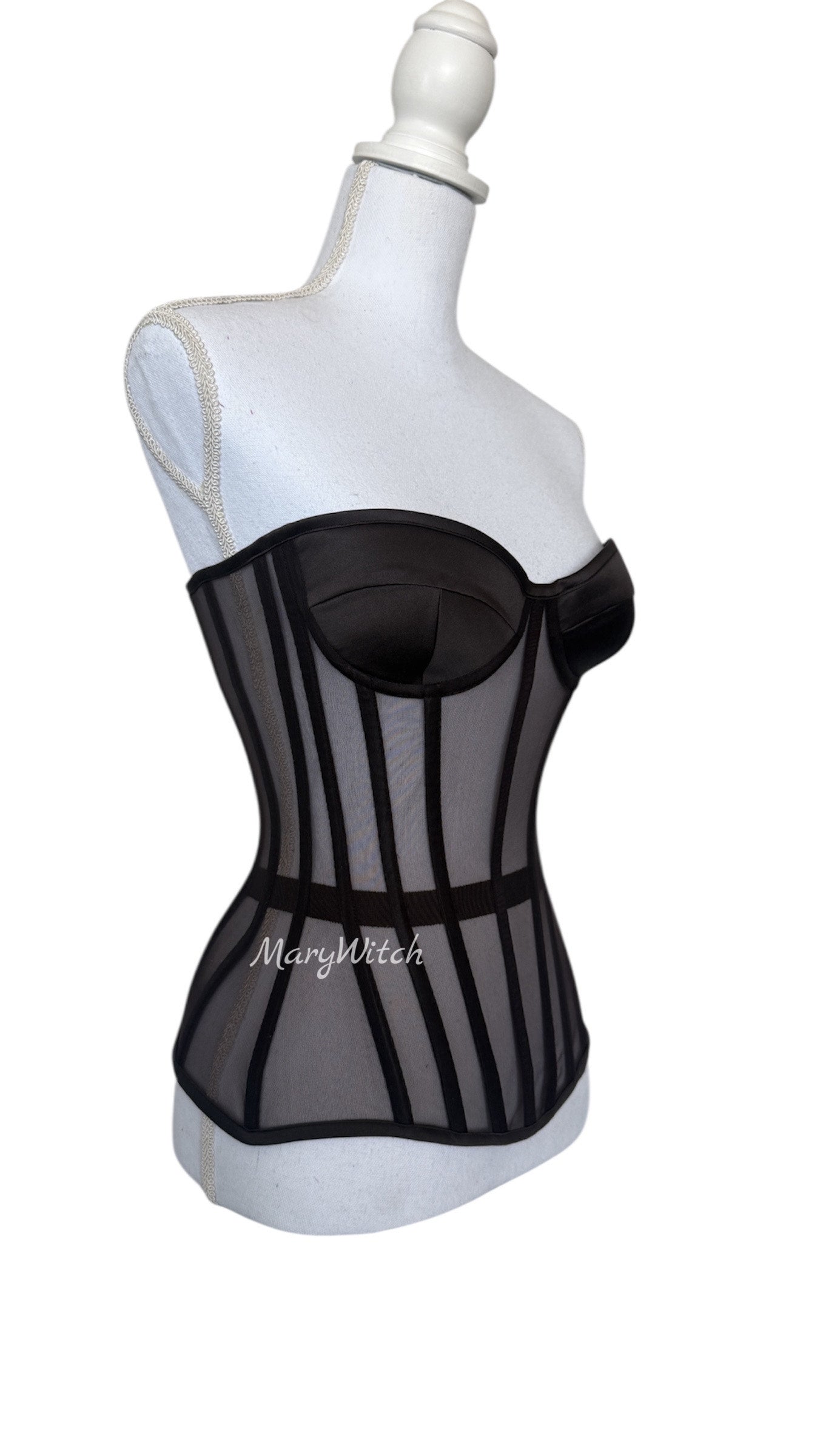 Chocolate Mesh Corset Top with Cups & Back Lacing | Sheer Underbust Corset .Handmade Satin Overbust Bustier