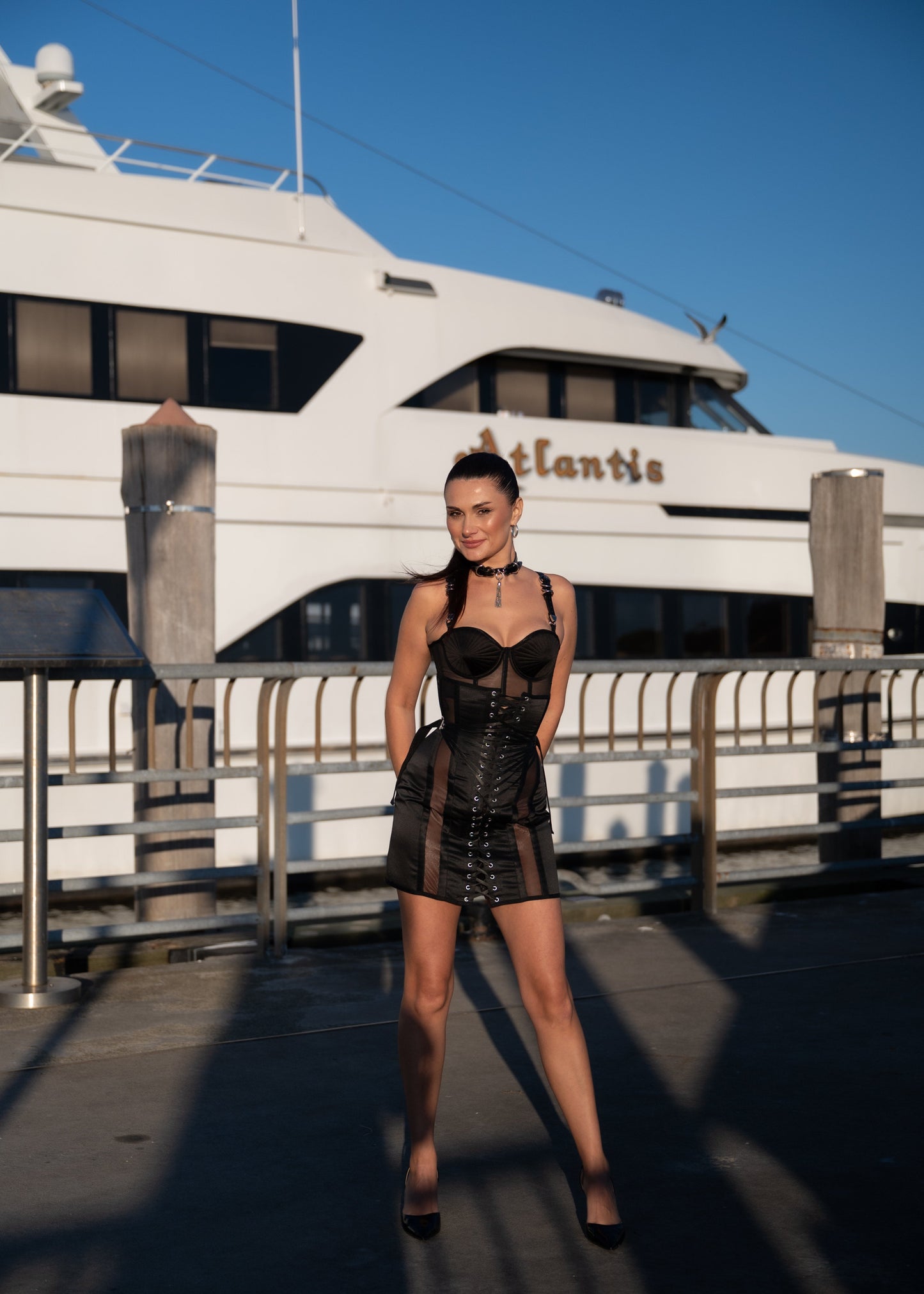 Set of a structured cone-cup bustier ta structured cone-cup bustier top and corset skirt with fan lacing