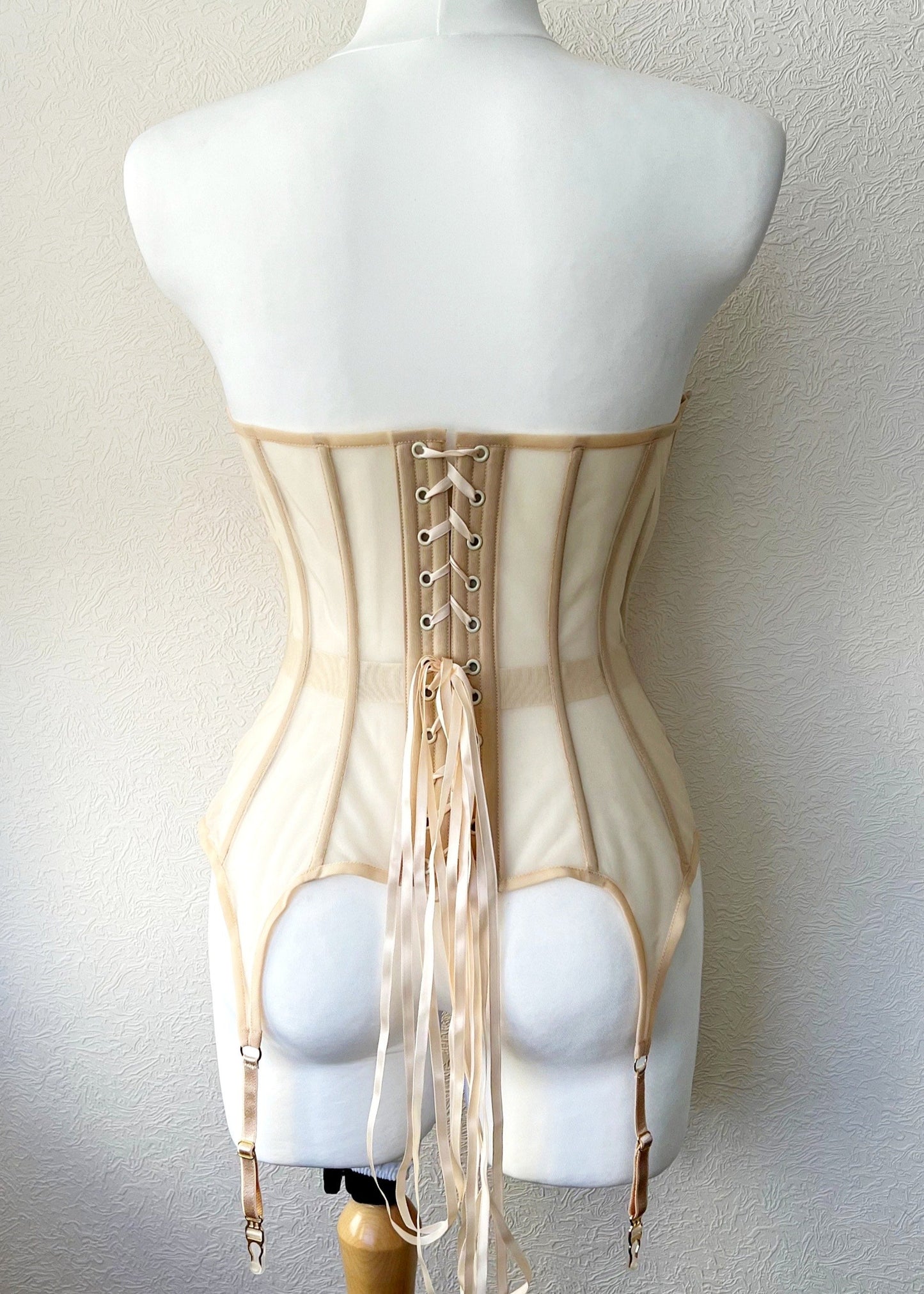 Beige Mesh underbust corset with suspenders