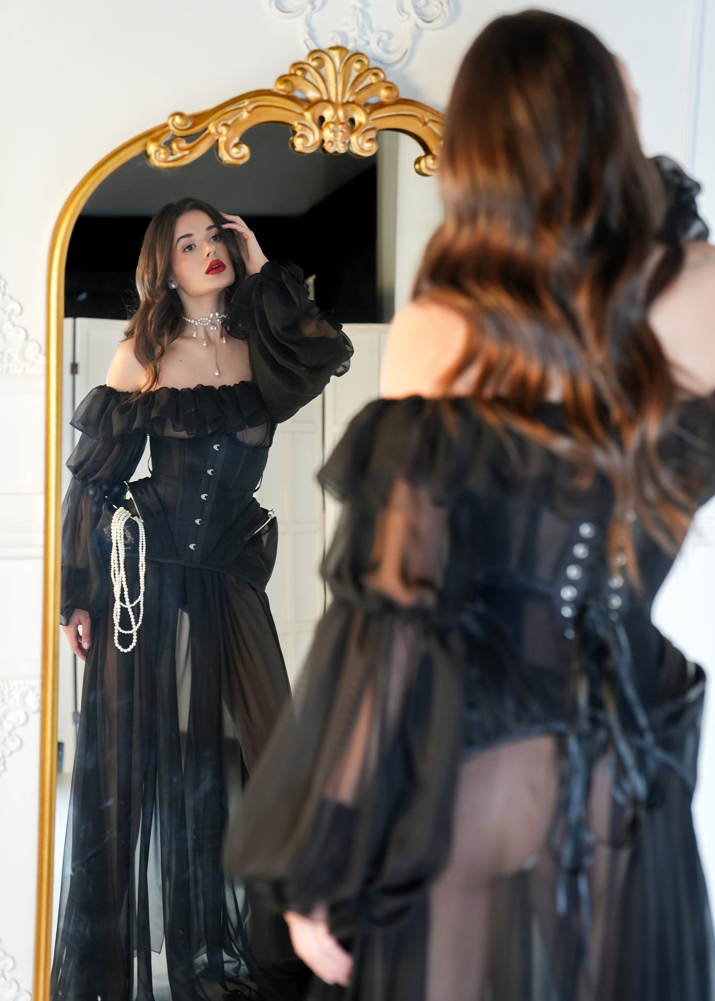 Black Underbust Sheer Corset with Busk & Side Frame Pockets