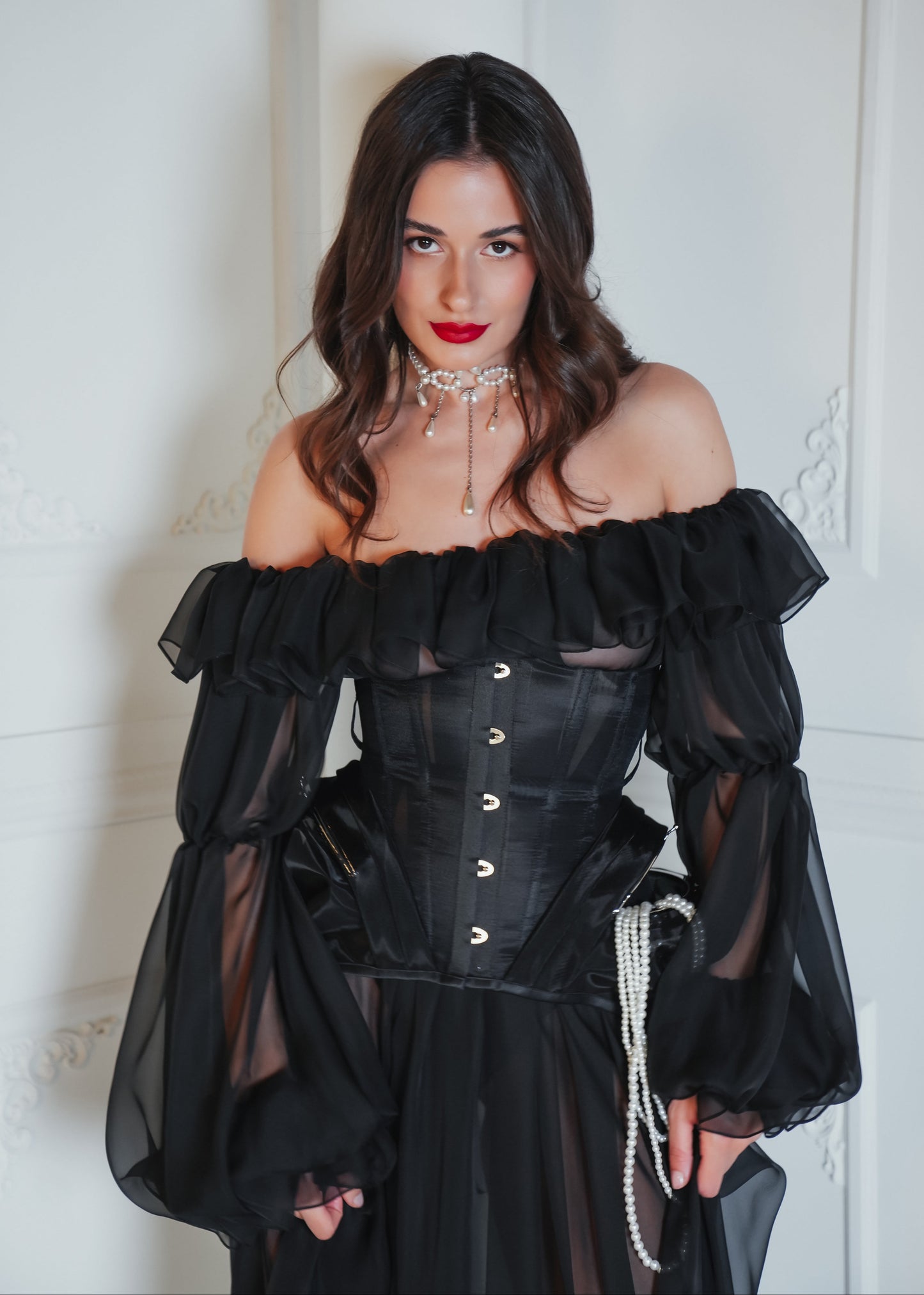 Black Underbust Sheer Corset with Busk & Side Frame Pockets