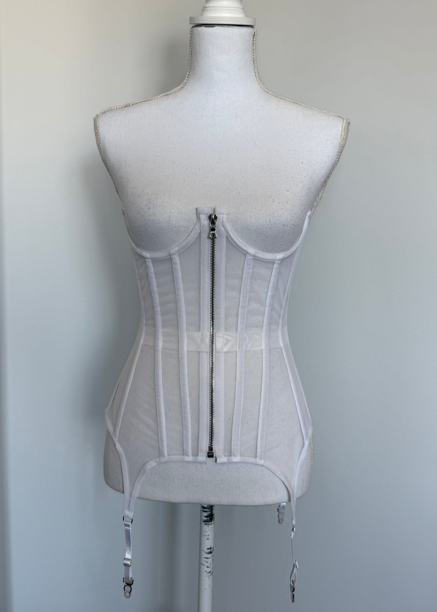 Black Mesh underbust corset with  zipper and suspenders