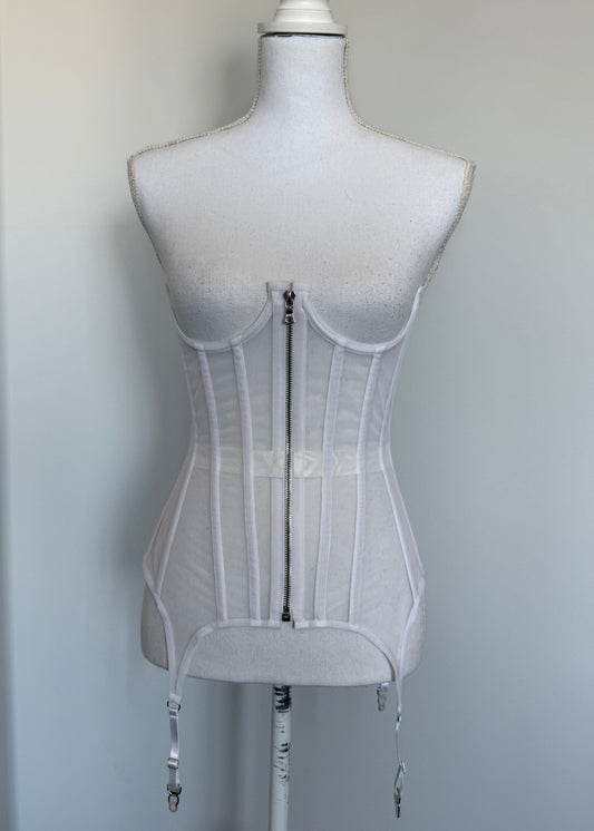 Black Mesh underbust corset with  zipper and suspenders