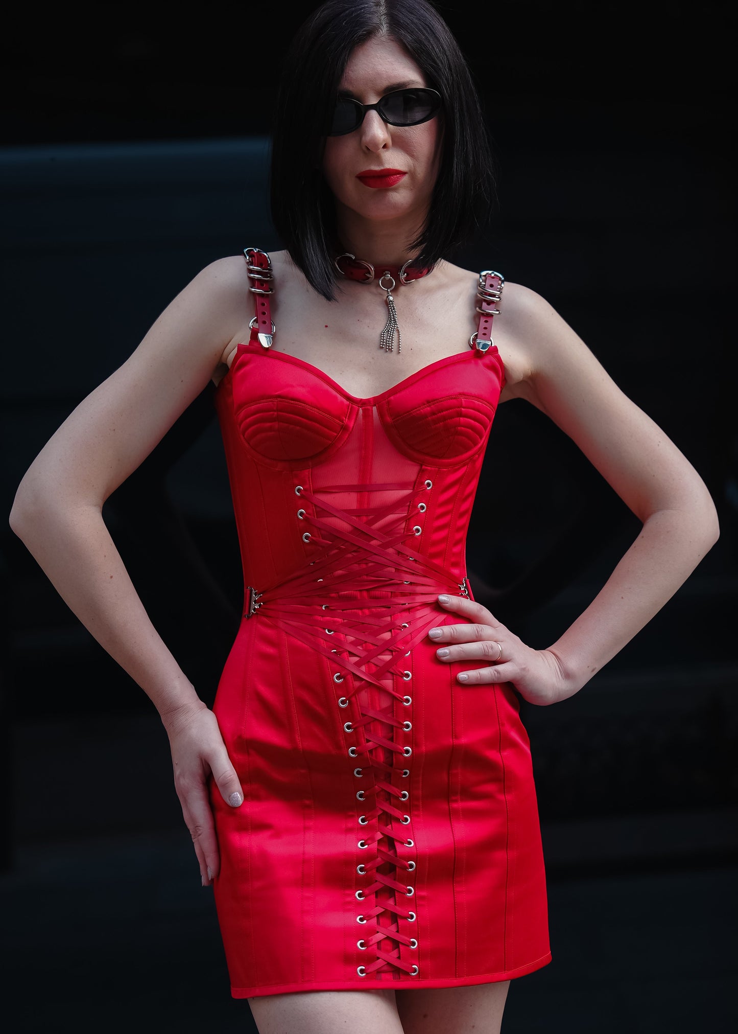 Red Satin Corset Mini Dress with Fan Lacing