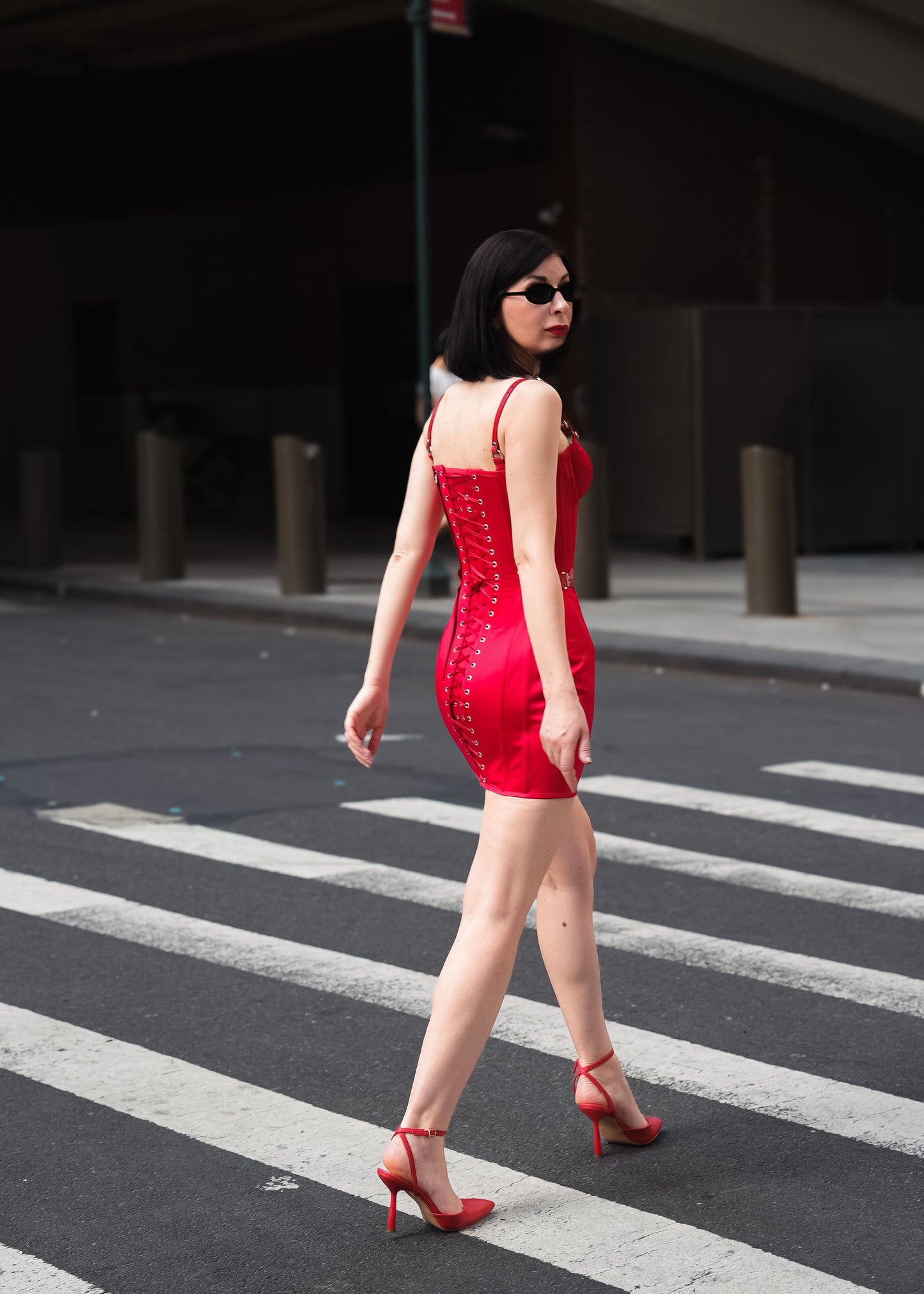Red Satin Corset Mini Dress with Fan Lacing