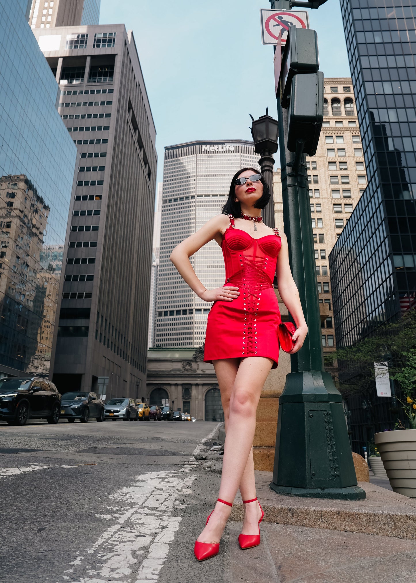Red Satin Corset Mini Dress with Fan Lacing