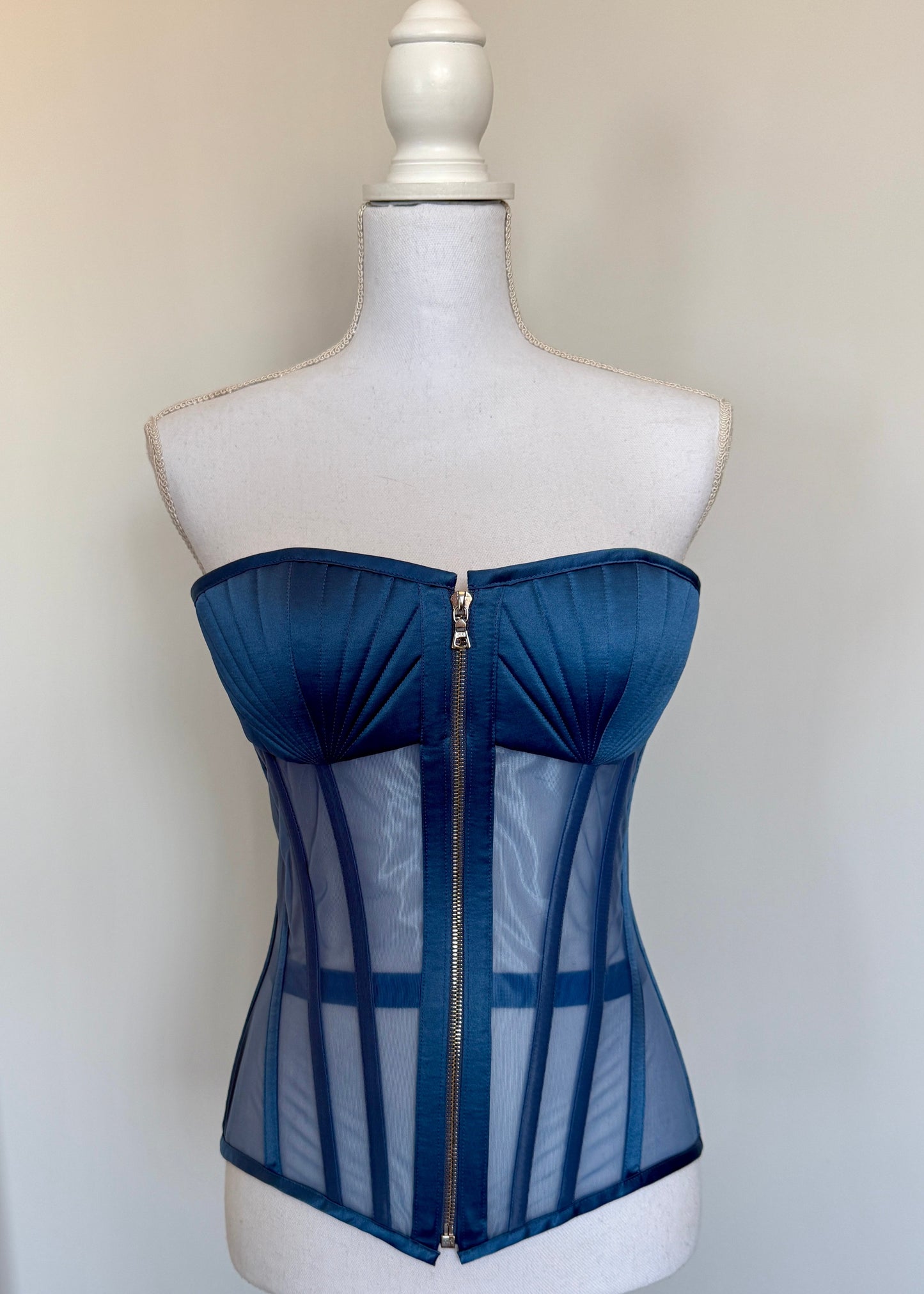 Blue Jeans  Sheer Corset Top with Zipper Front