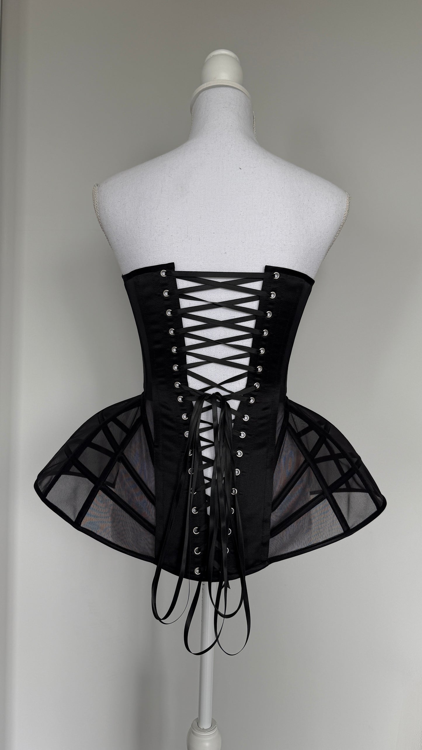 Dress Mesh Corset with Dramatic Hip Panels – Structured Bustier with Back Lace-Up & Front Zipper