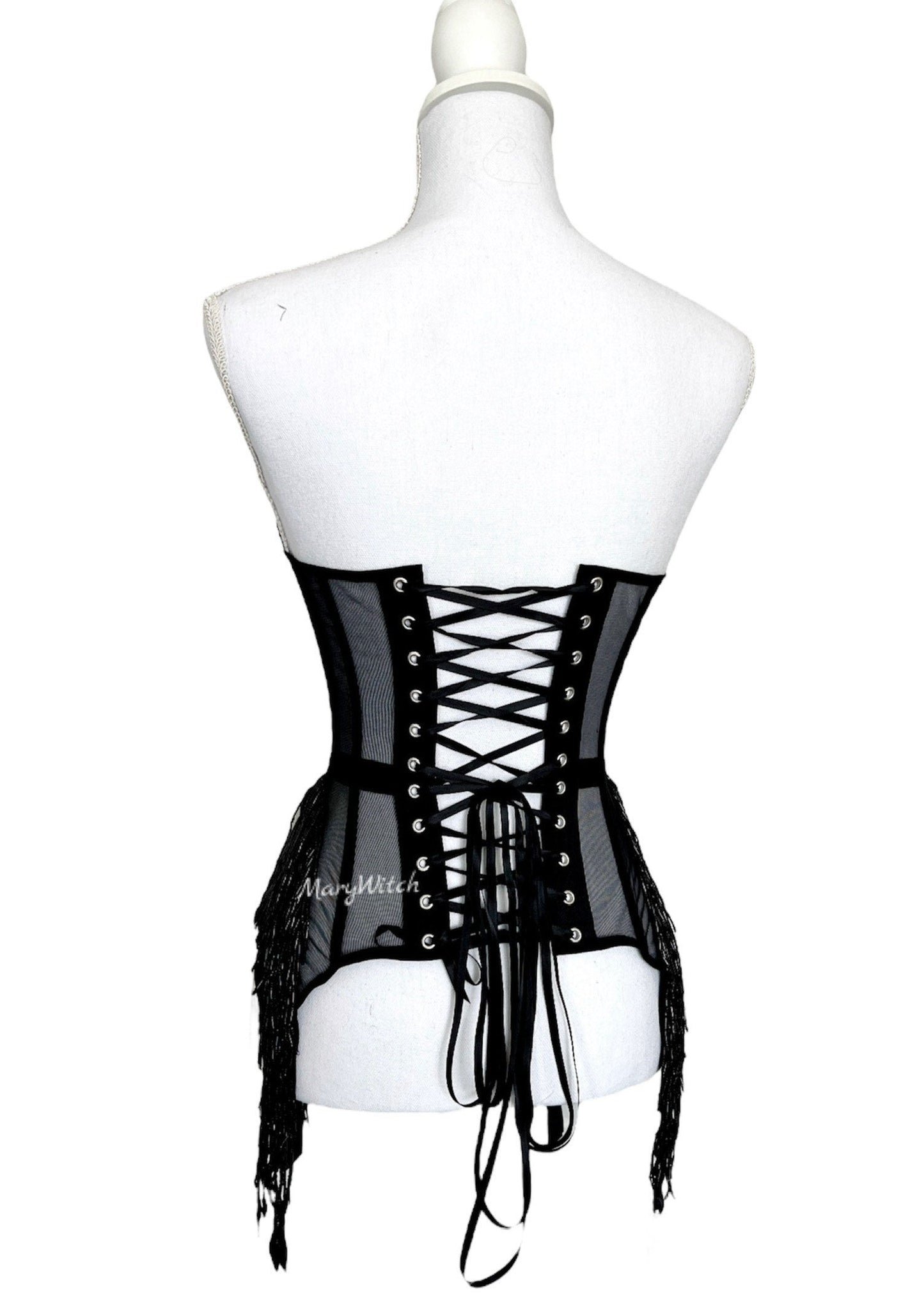 Black mesh underbust сorset with busk, 4 stocking holders and glass bead fringe