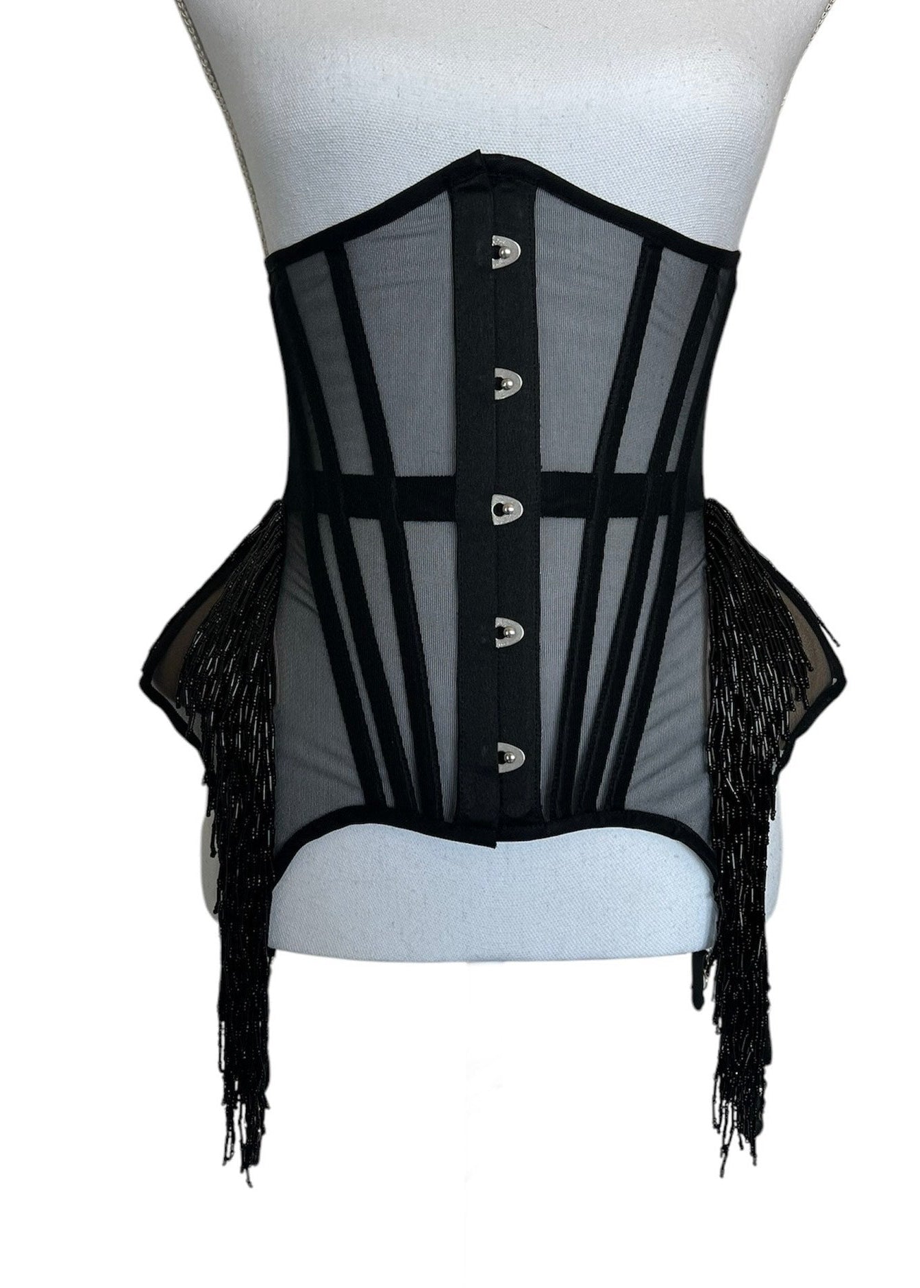 Black mesh underbust сorset with busk, 4 stocking holders and glass bead fringe