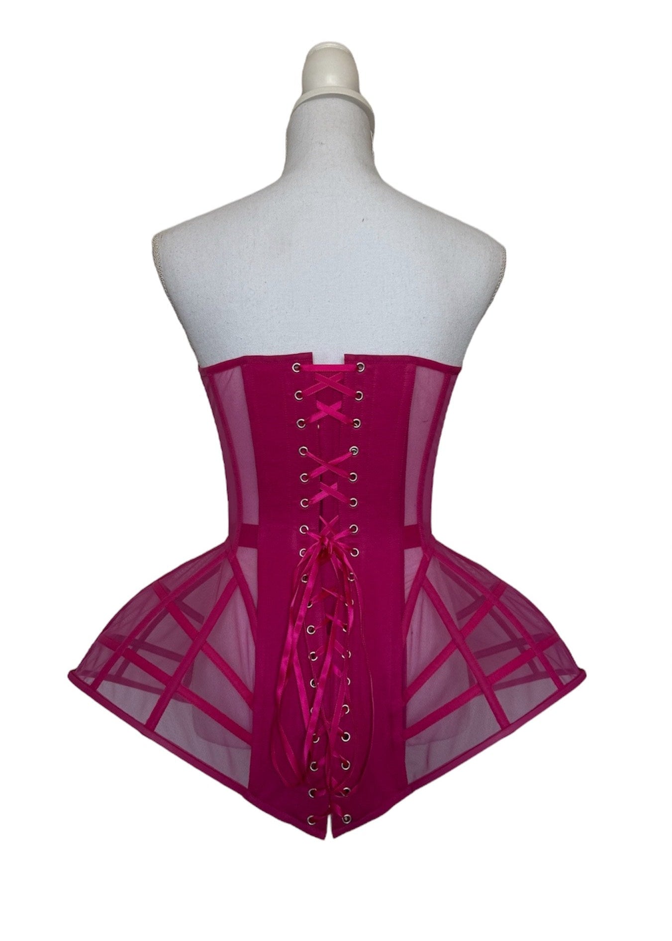 Dress Mesh Corset with Dramatic Hip Panels – Structured Bustier with Back Lace-Up & Front Zipper